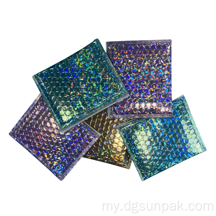 ရွှေအစိမ်းအစိမ်းရောင်ပန်းရောင် holographic metallic bubble mailer အိတ်များ
